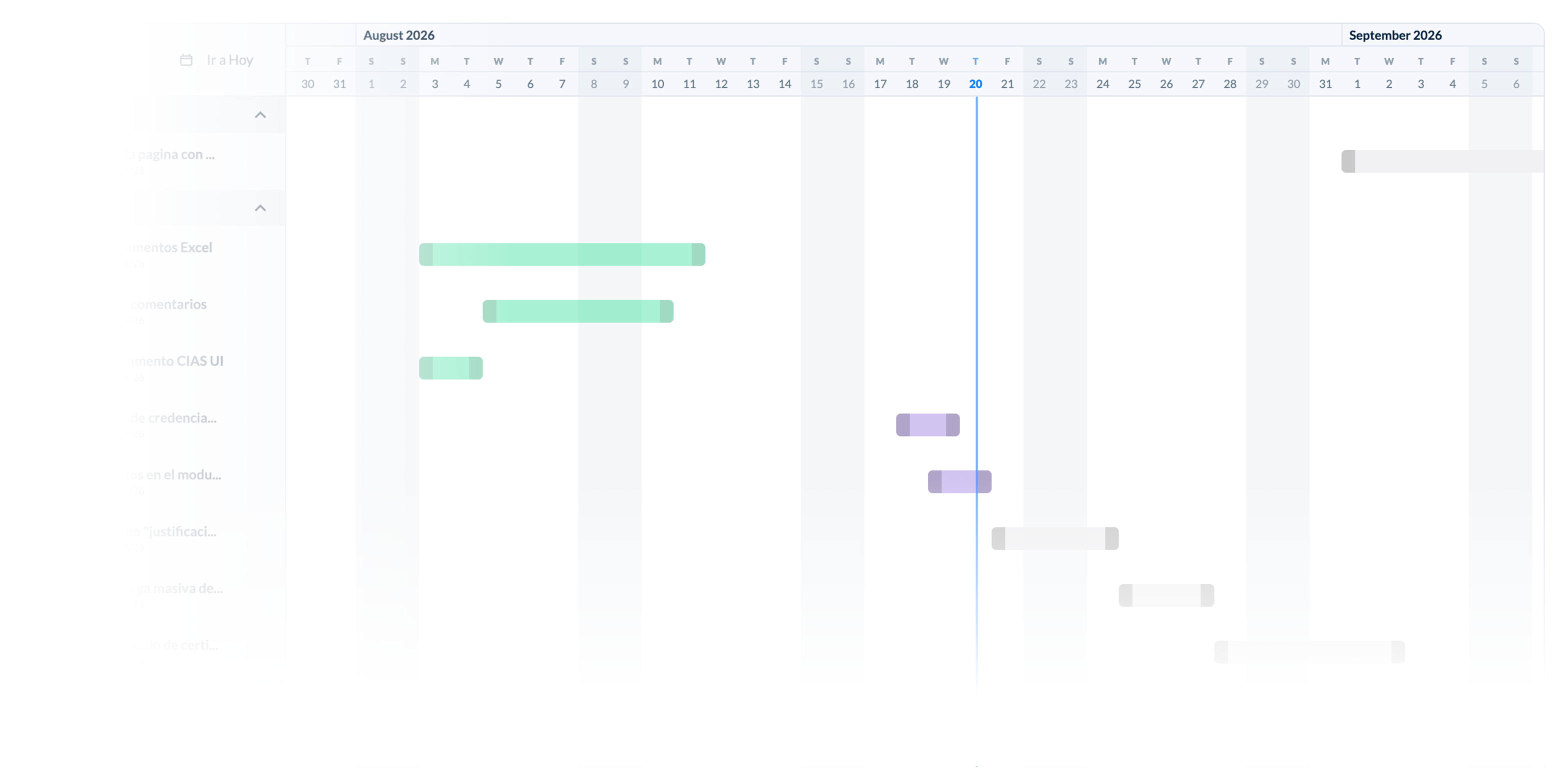 Vista de cronograma (Gantt) de Doku con el panel de Doku AI para gestionar tareas