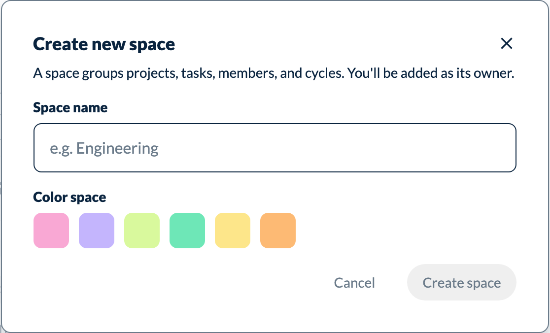 Create space modal with name and color fields