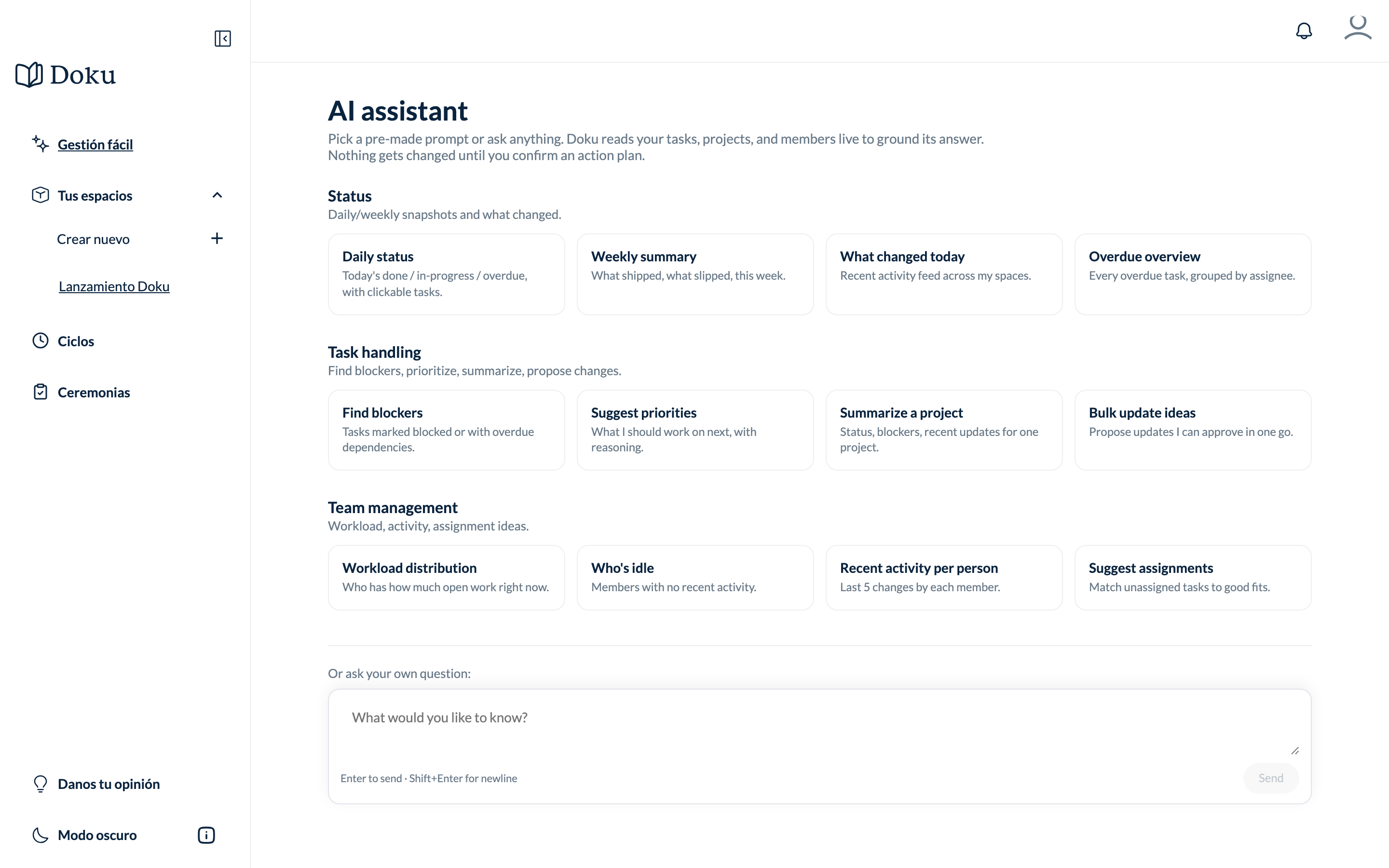 Asistente de IA de Doku con prompts listos para estado, tareas y equipo