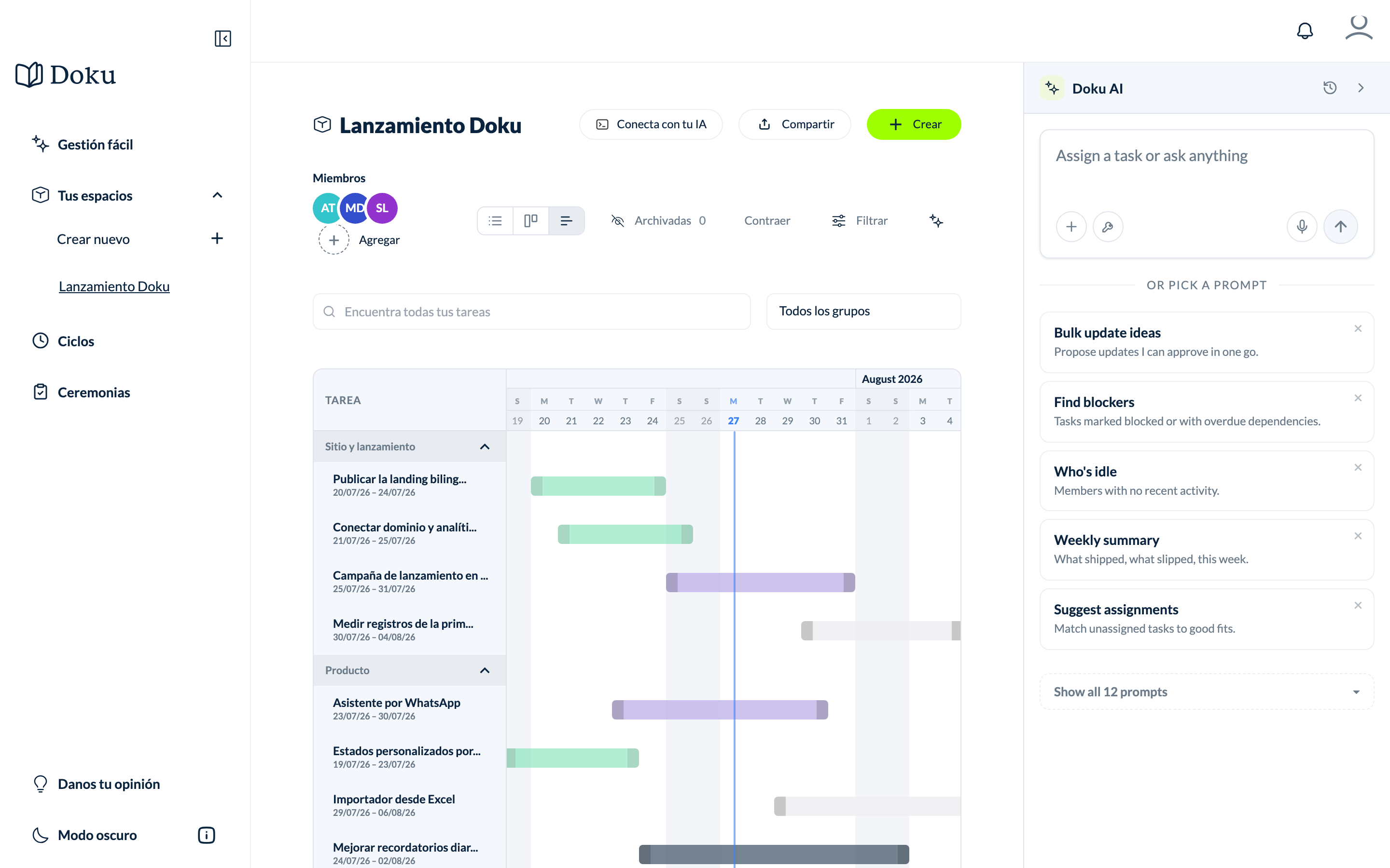 Vista de cronograma de Doku con barras de fechas por tarea y grupo