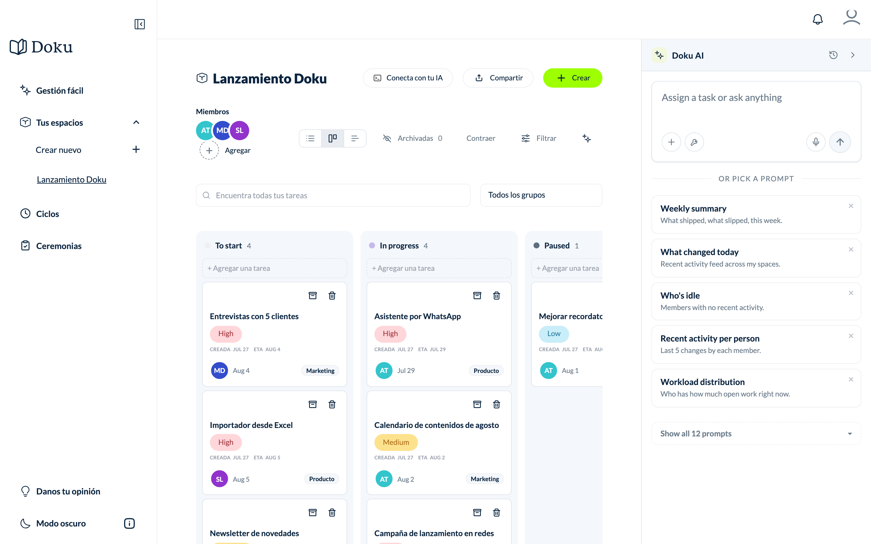 Vista Kanban de Doku con tarjetas por estado, prioridades y responsables